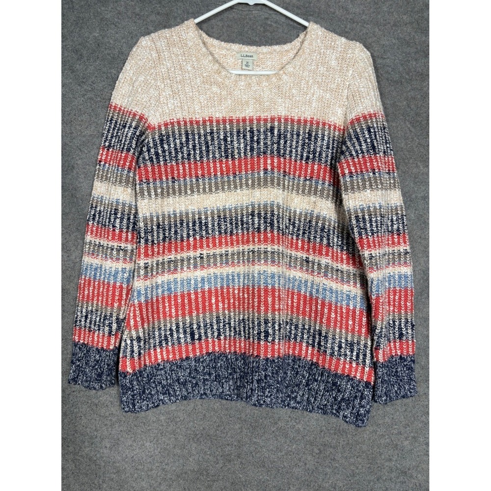 LL Bean Womens M Cotton Shaker Stitch Striped Crewneck Sweater Multi Color